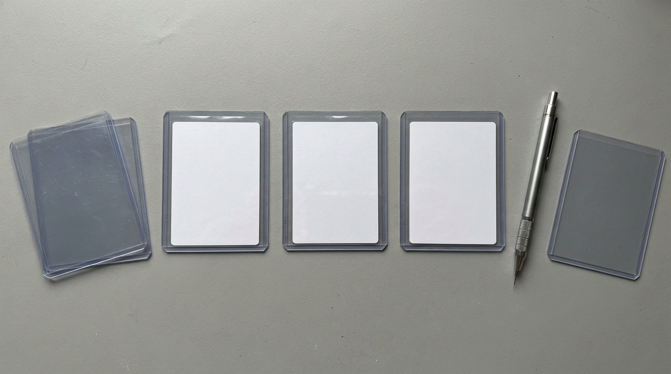 Three collectible cards in protective sleeves on a collector’s desk